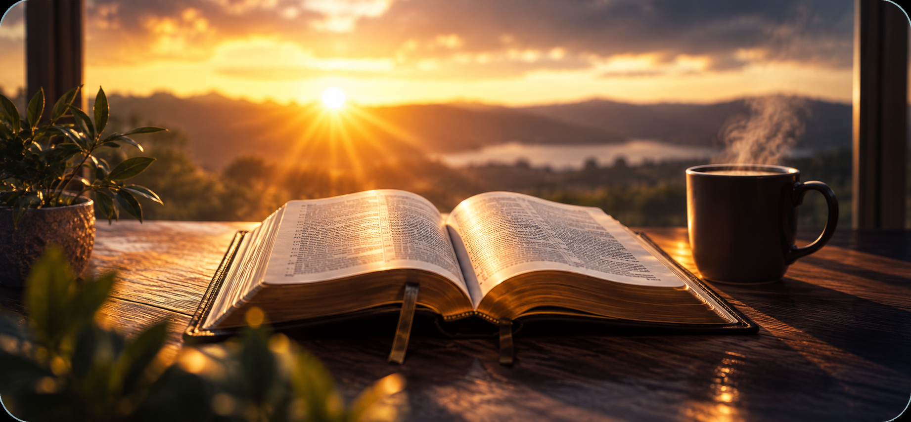 Biblia abierta, café y amanecer
